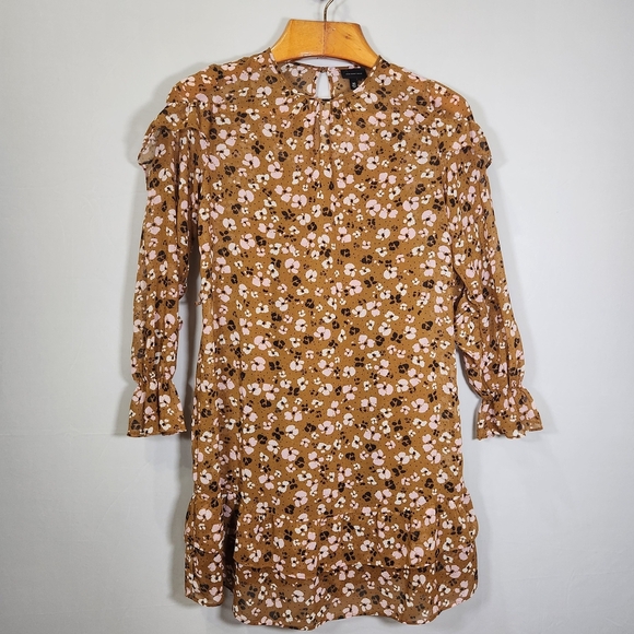 Who What Wear/bohemia Ruffles Long Sleeve Dress in Brown and Pink Floral - Picture 1 of 16